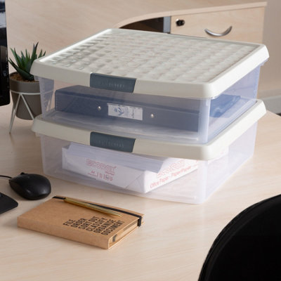 Wham Clip 3x 13.2L Square Plastic Storage Boxes with Secure Clip Lock Lids. L:39.5 x W:39.5 x H:12cm Clear/Stone/Slate Grey