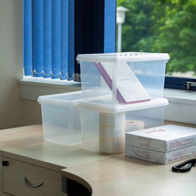 Wham Clip 3x 14L Rectangular Plastic Storage Boxes with Secure Clip Lock Lids. L:39 x W:24 x H:21cm Clear/Clear/Clear