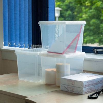 Wham Clip 3x 14L Square Plastic Storage Boxes with Secure Clip Lock Lids. L:29 x W:29 x H:26cm Clear/Clear/Clear