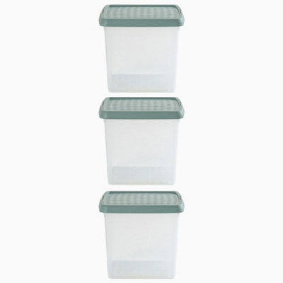 Wham Clip 3x 14L Square Plastic Storage Boxes with Secure Clip Lock Lids. L:29 x W:29 x H:26cm Clear/Green Milieu/Stone