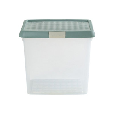 Wham Clip 3x 14L Square Plastic Storage Boxes with Secure Clip Lock Lids. L:29 x W:29 x H:26cm Clear/Green Milieu/Stone - 4