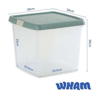 Wham Clip 3x 14L Square Plastic Storage Boxes with Secure Clip Lock Lids. L:29 x W:29 x H:26cm Clear/Green Milieu/Stone - 6