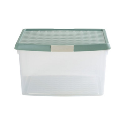 Wham Clip 3x 25.5L Square Plastic Storage Boxes with Secure Clip Lock Lids. L:39.5 x W:39.5 x H:22.5cm Clear/Green Milieu/Stone