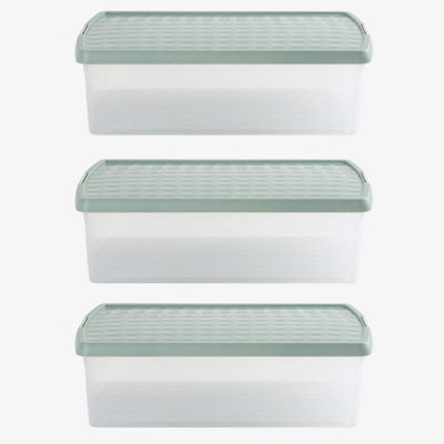 Wham Clip 3x 30L Rectangular Plastic Storage Boxes with Secure Clip Lock Lids. L:59.5 x W:39.5 x H:17cm Clear/Green Milieu/Stone