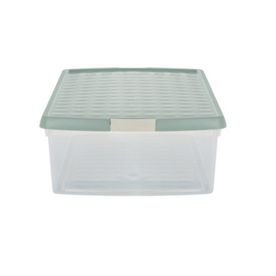 Wham Clip 3x 30L Rectangular Plastic Storage Boxes with Secure Clip Lock Lids. L:59.5 x W:39.5 x H:17cm Clear/Green Milieu/Stone - 4