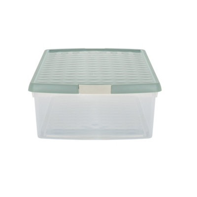 Wham Clip 3x 30L Rectangular Plastic Storage Boxes with Secure Clip Lock Lids. L:59.5 x W:39.5 x H:17cm Clear/Green Milieu/Stone