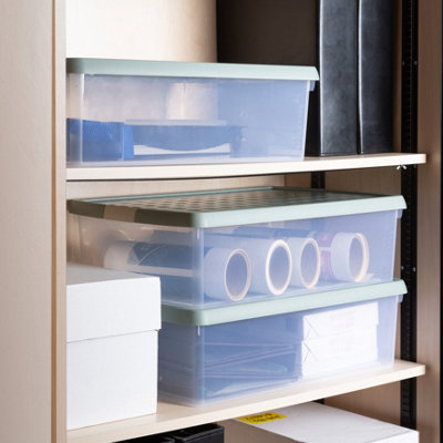Wham Clip 3x 30L Rectangular Plastic Storage Boxes with Secure Clip Lock Lids. L:59.5 x W:39.5 x H:17cm Clear/Green Milieu/Stone - 5