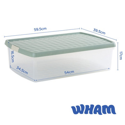 Wham Clip 3x 30L Rectangular Plastic Storage Boxes with Secure Clip Lock Lids. L:59.5 x W:39.5 x H:17cm Clear/Green Milieu/Stone - 6