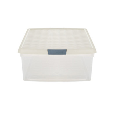 Wham Clip 3x 30L Rectangular Plastic Storage Boxes with Secure Clip Lock Lids. L:59.5 x W:39.5 x H:17cm Clear/Stone/Slate Grey