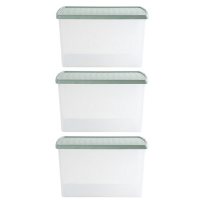 Wham Clip 3x 62L Rectangular Plastic Storage Boxes with Secure Clip Lock Lids. L:59.5 x W:39.5 x H:33.5cm Clear/Green Milieu/Stone