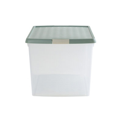 Wham Clip 3x 62L Rectangular Plastic Storage Boxes with Secure Clip Lock Lids. L:59.5 x W:39.5 x H:33.5cm Clear/Green Milieu/Stone - 4