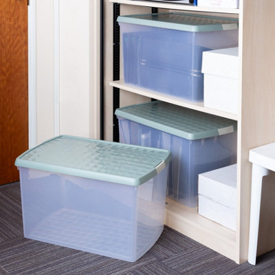Wham Clip 3x 62L Rectangular Plastic Storage Boxes with Secure Clip Lock Lids. L:59.5 x W:39.5 x H:33.5cm Clear/Green Milieu/Stone - 5
