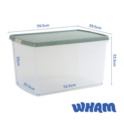 Wham Clip 3x 62L Rectangular Plastic Storage Boxes with Secure Clip Lock Lids. L:59.5 x W:39.5 x H:33.5cm Clear/Green Milieu/Stone - 6