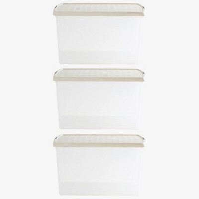 Wham Clip 3x 62L Rectangular Plastic Storage Boxes with Secure Clip Lock Lids. L:59.5 x W:39.5 x H:33.5cm Clear/Stone/Slate Grey