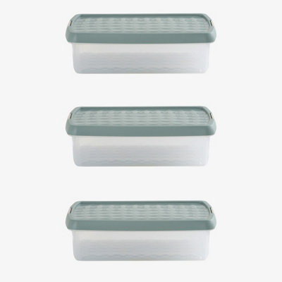 Wham Clip 3x 7L Rectangular Plastic Storage Boxes with Secure Clip Lock Lids. L:39 x W:24 x H:10.5cm Clear/Green Milieu/Stone