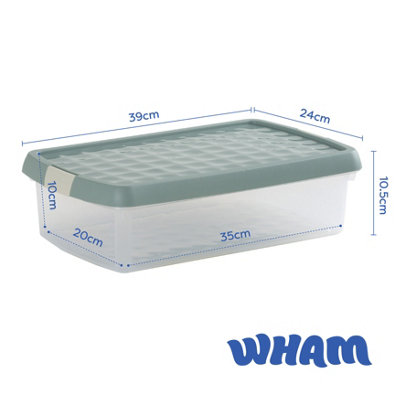 Wham Clip 3x 7L Rectangular Plastic Storage Boxes with Secure Clip Lock Lids. L:39 x W:24 x H:10.5cm Clear/Green Milieu/Stone - 5