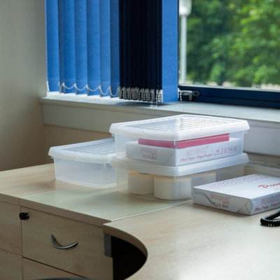 Wham Clip 3x 8.5L Rectangular Plastic Storage Boxes with Secure Clip Lock Lids. L:39 x W:29 x H:10.5cm Clear/Clear/Clear