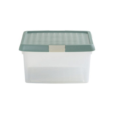 Wham Clip 3x 9L Square Plastic Storage Boxes with Secure Clip Lock Lids. L:29 x W:29 x H:15.5cm Clear/Green Milieu/Stone