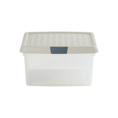 Wham Clip 3x 9L Square Plastic Storage Boxes with Secure Clip Lock Lids. L:29 x W:29 x H:15.5cm Clear/Stone/Slate Grey