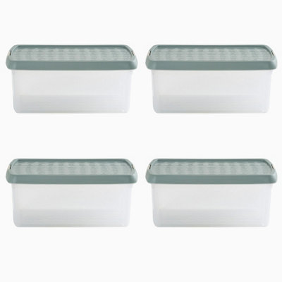 Wham Clip 4x 10.5L Rectangular Plastic Storage Boxes with Secure Clip Lock Lids. L:39 x W:24 x H:15.5cm Clear/Green Milieu/Stone