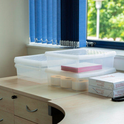 Wham Clip 4x 13.2L Square Plastic Storage Boxes with Secure Clip Lock Lids. L:39.5 x W:39.5 x H:12cm Clear/Clear/Clear