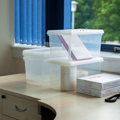 Wham Clip 4x 14L Rectangular Plastic Storage Boxes with Secure Clip Lock Lids. L:39 x W:24 x H:21cm Clear/Clear/Clear