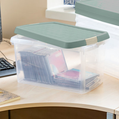 Wham Clip 4x 14L Rectangular Plastic Storage Boxes with Secure Clip Lock Lids. L:39 x W:24 x H:21cm Clear/Green Milieu/Stone