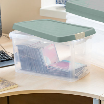 Wham Clip 4x 14L Rectangular Plastic Storage Boxes with Secure Clip Lock Lids. L:39 x W:24 x H:21cm Clear/Green Milieu/Stone - 5