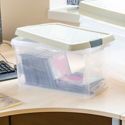 Wham Clip 4x 14L Rectangular Plastic Storage Boxes with Secure Clip Lock Lids. L:39 x W:24 x H:21cm Clear/Stone/Slate Grey