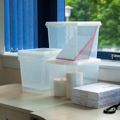 Wham Clip 4x 14L Square Plastic Storage Boxes with Secure Clip Lock Lids. L:29 x W:29 x H:26cm Clear/Clear/Clear