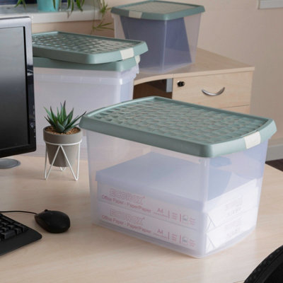 Wham Clip 4x 21.5L Rectangular Plastic Storage Boxes with Secure Clip Lock Lids. L:39 x W:29 x H:25.5cm Clear/Green Milieu/Stone