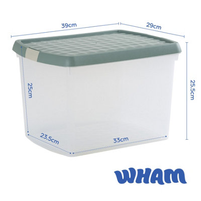 Wham Clip 4x 21.5L Rectangular Plastic Storage Boxes with Secure Clip Lock Lids. L:39 x W:29 x H:25.5cm Clear/Green Milieu/Stone - 6