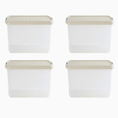 Wham Clip 4x 21.5L Rectangular Plastic Storage Boxes with Secure Clip Lock Lids. L:39 x W:29 x H:25.5cm Clear/Stone/Slate Grey