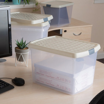 Wham Clip 4x 21.5L Rectangular Plastic Storage Boxes with Secure Clip Lock Lids. L:39 x W:29 x H:25.5cm Clear/Stone/Slate Grey