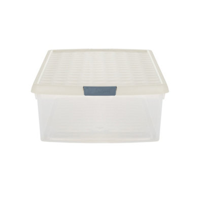 Wham Clip 4x 30L Rectangular Plastic Storage Boxes with Secure Clip Lock Lids. L:59.5 x W:39.5 x H:17cm Clear/Stone/Slate Grey - 4