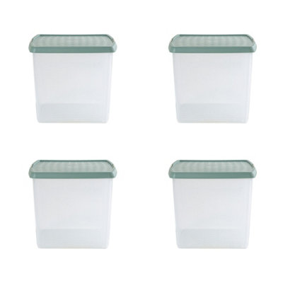 Wham Clip 4x 37L Square Plastic Storage Boxes with Secure Clip Lock Lids. L:39.5 x W:39.5 x H:33.5cm Clear/Green Milieu/Stone