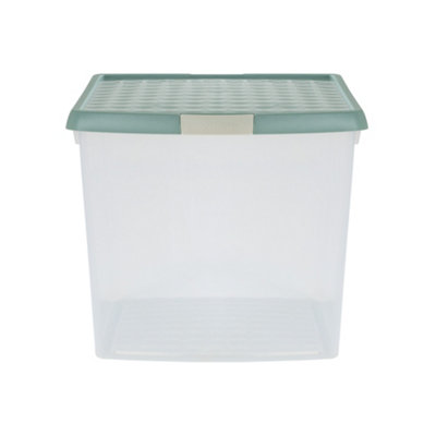Wham Clip 4x 37L Square Plastic Storage Boxes with Secure Clip Lock Lids. L:39.5 x W:39.5 x H:33.5cm Clear/Green Milieu/Stone - 4