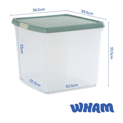 Wham Clip 4x 37L Square Plastic Storage Boxes with Secure Clip Lock Lids. L:39.5 x W:39.5 x H:33.5cm Clear/Green Milieu/Stone - 6