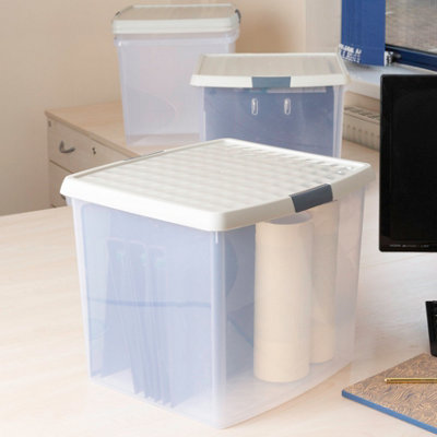 Wham Clip 4x 37L Square Plastic Storage Boxes with Secure Clip Lock Lids. L:39.5 x W:39.5 x H:33.5cm Clear/Stone/Slate Grey