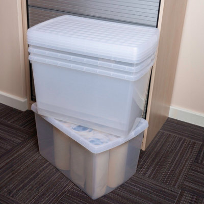 Wham Clip 4x 62L Rectangular Plastic Storage Boxes with Secure Clip Lock Lids. L:59.5 x W:39.5 x H:33.5cm Clear/Clear/Clear