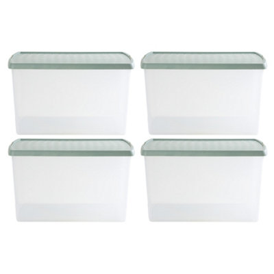 Wham Clip 4x 62L Rectangular Plastic Storage Boxes with Secure Clip Lock Lids. L:59.5 x W:39.5 x H:33.5cm Clear/Green Milieu/Stone