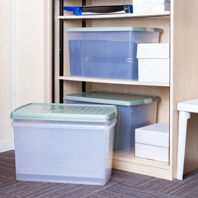 Wham Clip 4x 62L Rectangular Plastic Storage Boxes with Secure Clip Lock Lids. L:59.5 x W:39.5 x H:33.5cm Clear/Green Milieu/Stone - 5