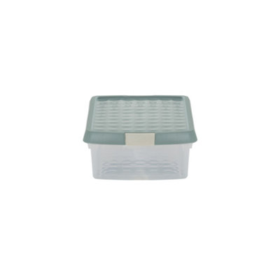 Wham Clip 4x 7L Rectangular Plastic Storage Boxes with Secure Clip Lock Lids. L:39 x W:24 x H:10.5cm Clear/Green Milieu/Stone