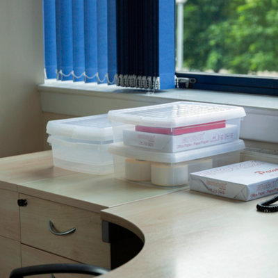 Wham Clip 4x 8.5L Rectangular Plastic Storage Boxes with Secure Clip Lock Lids. L:39 x W:29 x H:10.5cm Clear/Clear/Clear