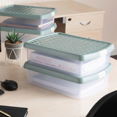 Wham Clip 4x 8.5L Rectangular Plastic Storage Boxes with Secure Clip Lock Lids. L:39 x W:29 x H:10.5cm Clear/Green Milieu/Stone