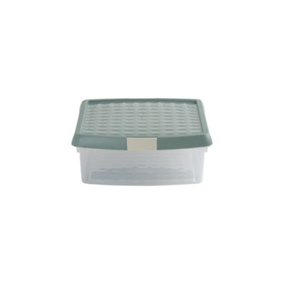 Wham Clip 4x 8.5L Rectangular Plastic Storage Boxes with Secure Clip Lock Lids. L:39 x W:29 x H:10.5cm Clear/Green Milieu/Stone