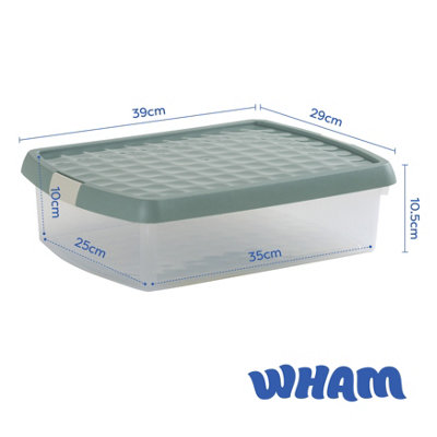Wham Clip 4x 8.5L Rectangular Plastic Storage Boxes with Secure Clip Lock Lids. L:39 x W:29 x H:10.5cm Clear/Green Milieu/Stone - 6
