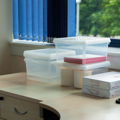 Wham Clip 4x 9L Square Plastic Storage Boxes with Secure Clip Lock Lids. L:29 x W:29 x H:15.5cm Clear/Clear/Clear