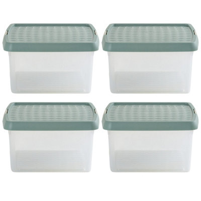 Wham Clip 4x 9L Square Plastic Storage Boxes with Secure Clip Lock Lids. L:29 x W:29 x H:15.5cm Clear/Green Milieu/Stone