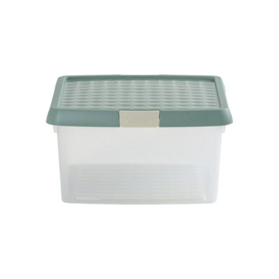 Wham Clip 4x 9L Square Plastic Storage Boxes with Secure Clip Lock Lids. L:29 x W:29 x H:15.5cm Clear/Green Milieu/Stone - 4